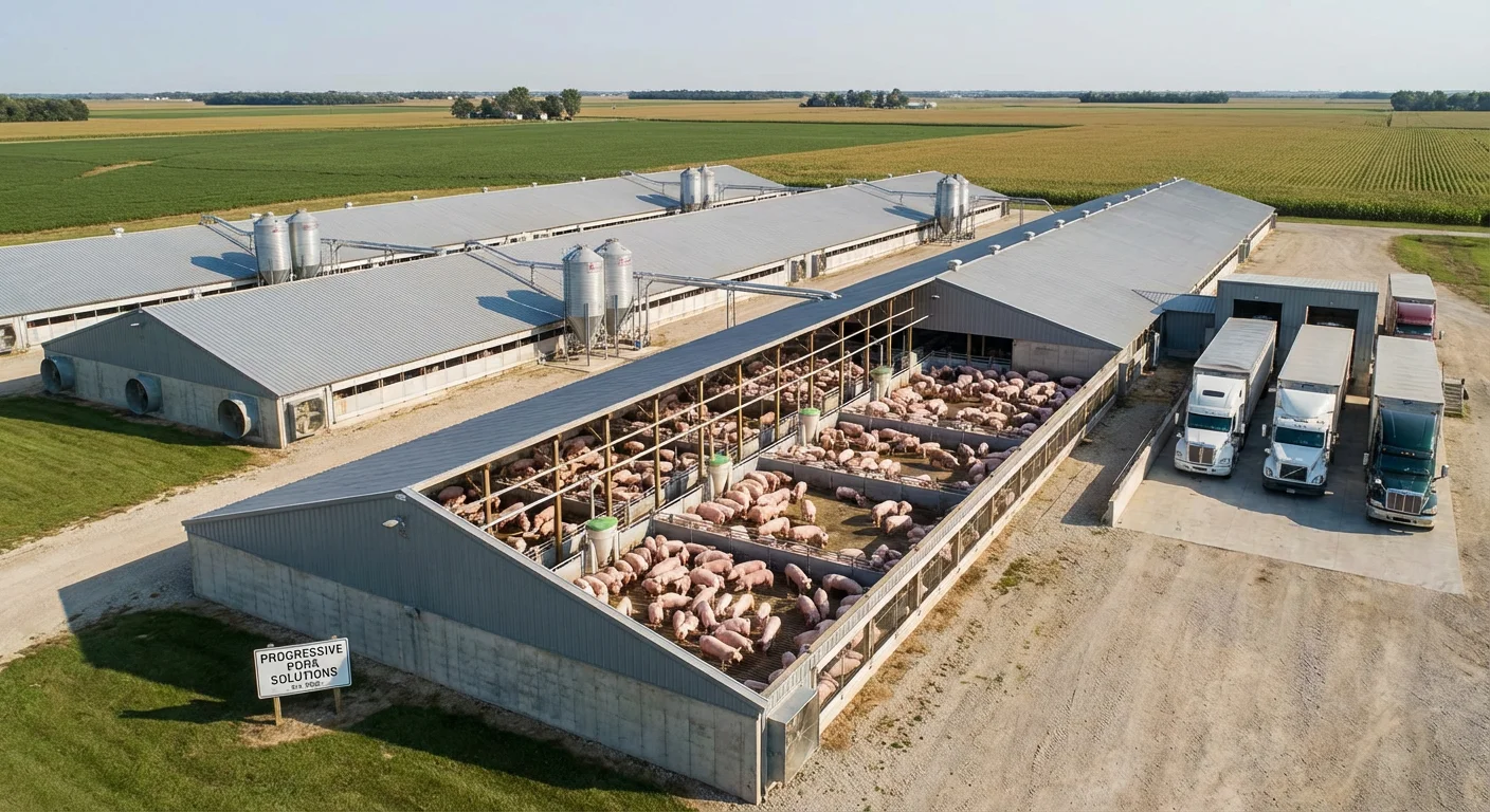 Large-scale commercial pig farming facility in the United States with modern hog barns