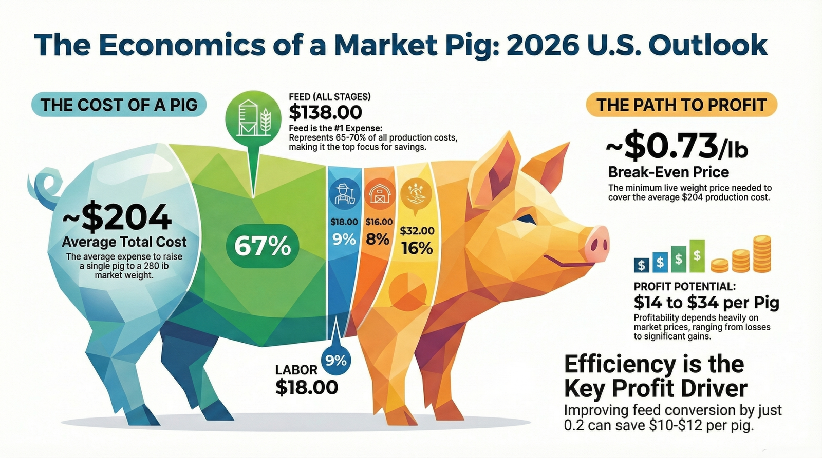 Infographic showing the economics of a 280‑lb market pig in the U.S. for 2026, including $204 average total cost, $138 feed cost (67%), $18 labor, $0.73/lb break‑even price, and profit potential of $14–$34 per pig.