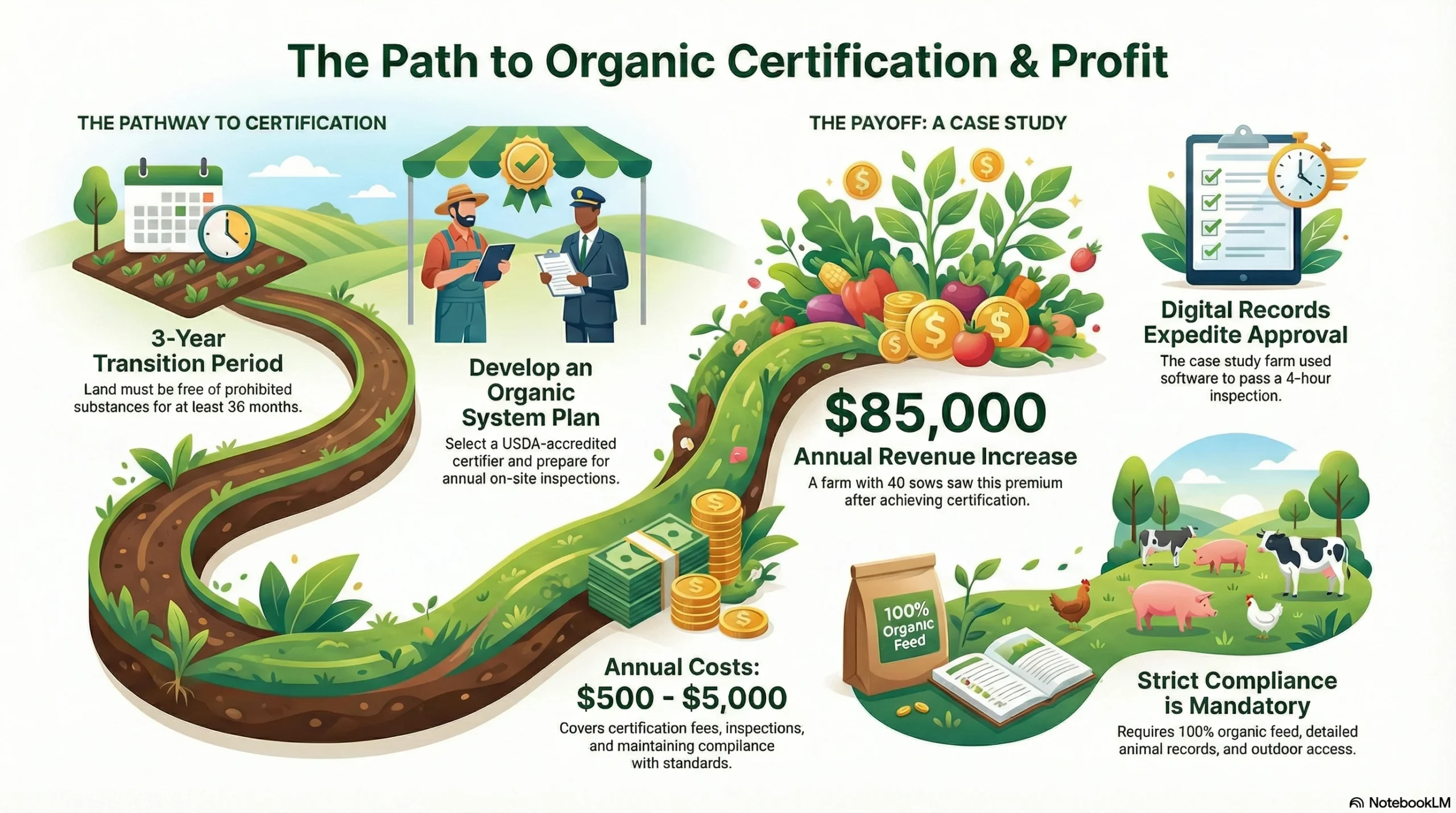 Infographic titled “The Path to Organic Certification & Profit” showing a winding green path from transition period to organic certification, with icons for paperwork, money, crops, and livestock, and highlighting costs and revenue gains.