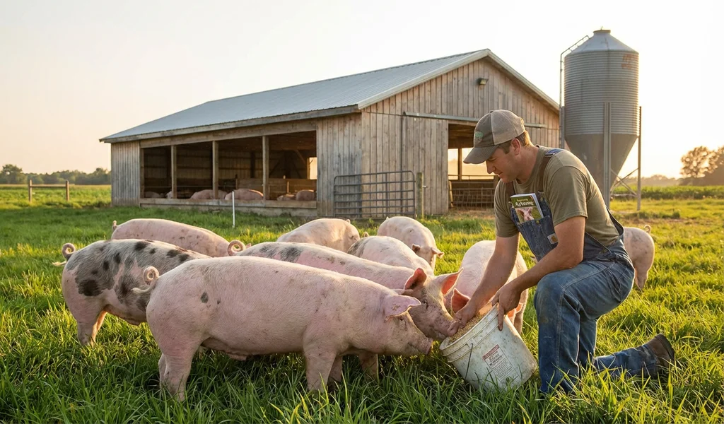 Farmer caring for pigs on a small pasture-based pig farm, representing the start of a pig farming journey