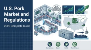 U.S. Pork Market and Regulations 2026 guide featuring USDA compliance, export markets, and industry data infographic