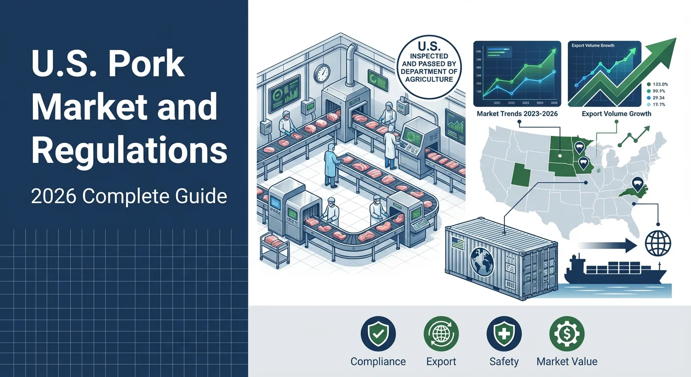 U.S. Pork Market and Regulations 2026 guide featuring USDA compliance, export markets, and industry data infographic