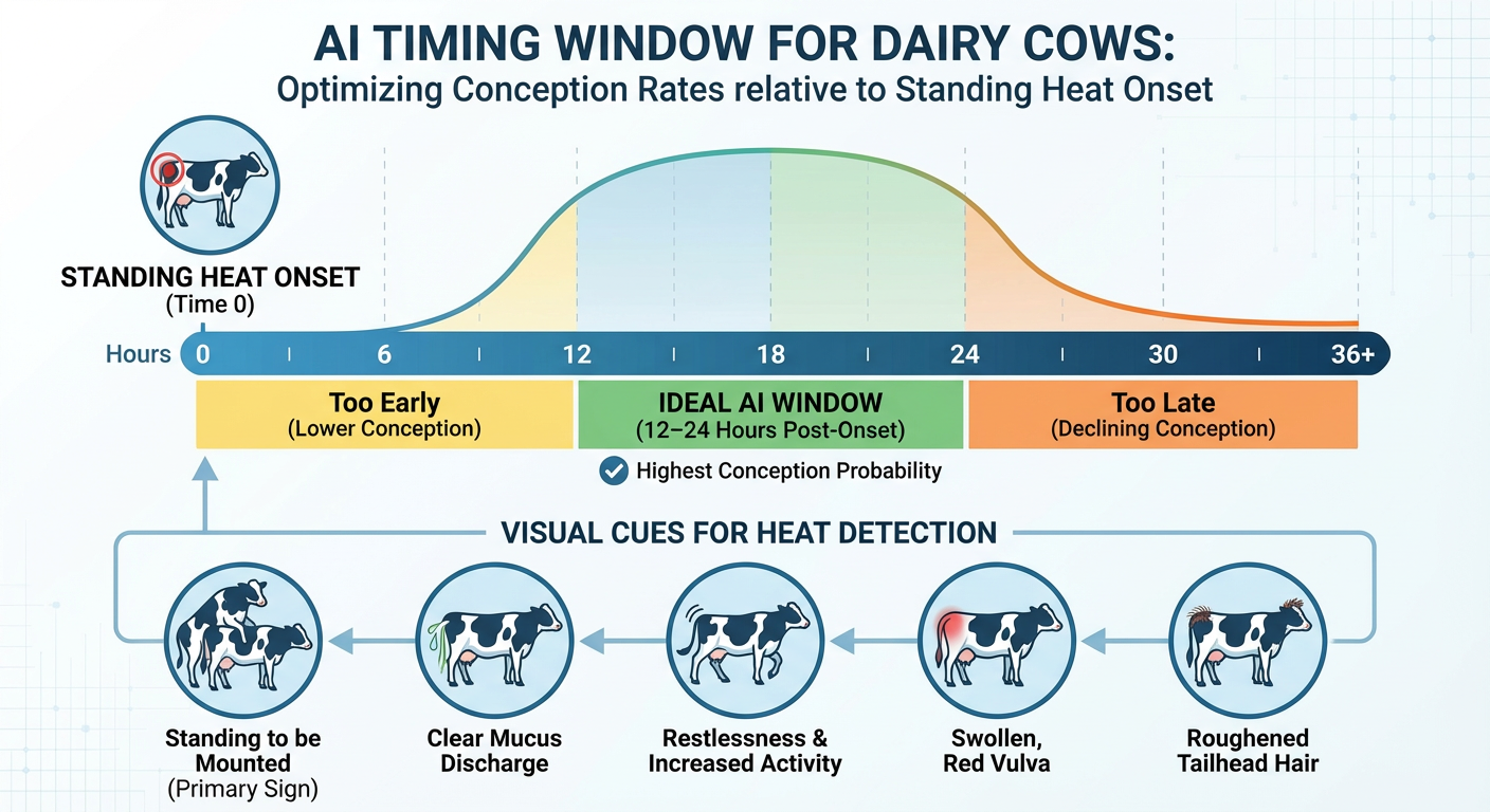 Infographic showing the 12–24 hour artificial insemination timing window in pigs relative to standing heat onset with heat detection signs