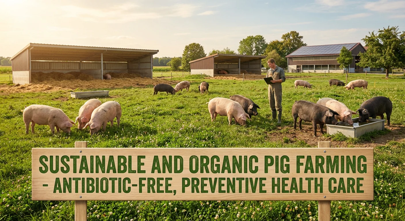 Healthy organic pigs in a pasture with natural disease prevention methods, no antibiotics used