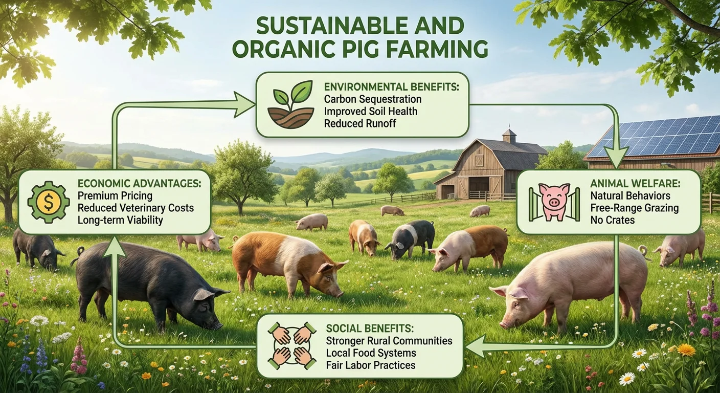 Illustration of the benefits of SUSTAINABLE AND ORGANIC PIG FARMING: pigs grazing on green pasture, icons representing environmental benefits (carbon capture, healthy soil), economic benefits (premium pricing, reduced costs), animal welfare (natural behaviors, healthy pigs), and social benefits (community, rural employment). Keyword SUSTAINABLE AND ORGANIC PIG FARMING is highlighted on the image.