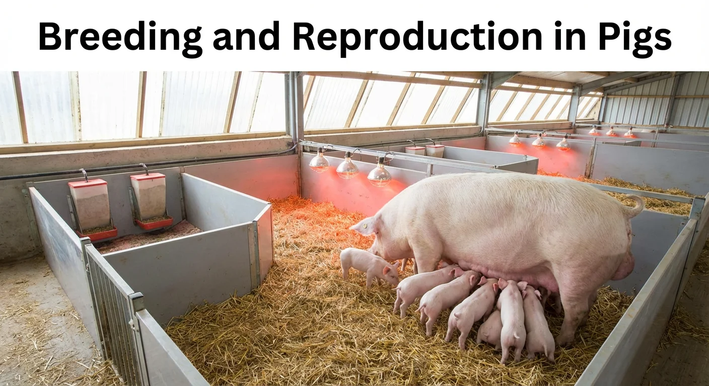 Breeding and Reproduction in Pigs displayed on a modern US pig farm showing a sow nursing healthy piglets in a farrowing crate