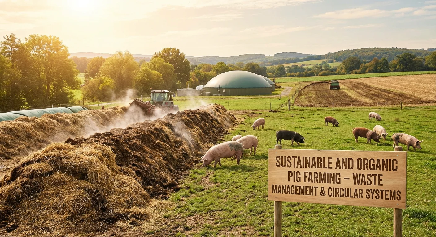 Organic pigs in a sustainable farm using composting and circular farming techniques to recycle waste into fertilizer