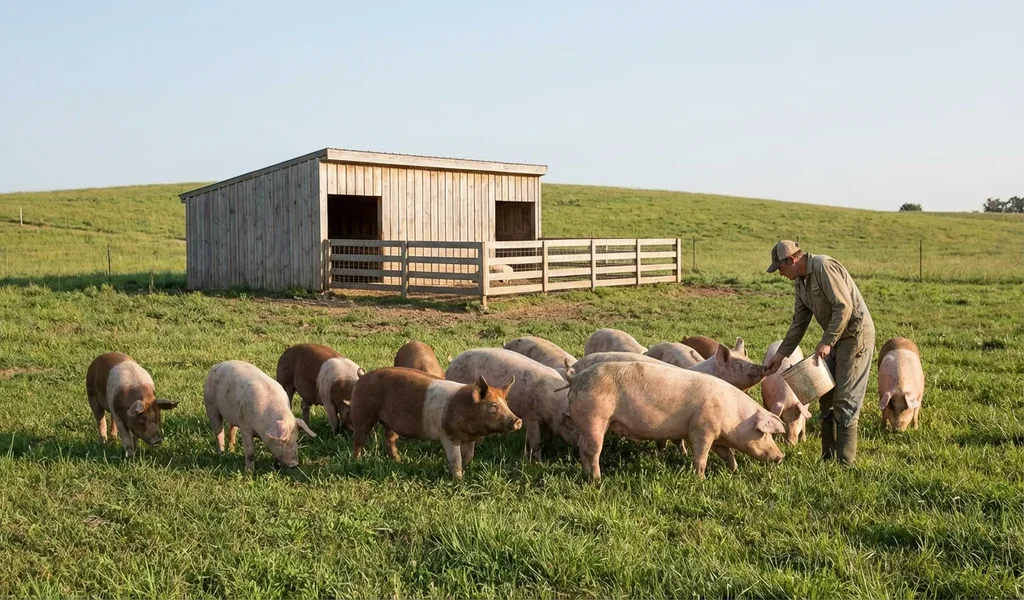 Farmer feeding pigs on a small pasture-based pig farm with a wooden shelter in the background