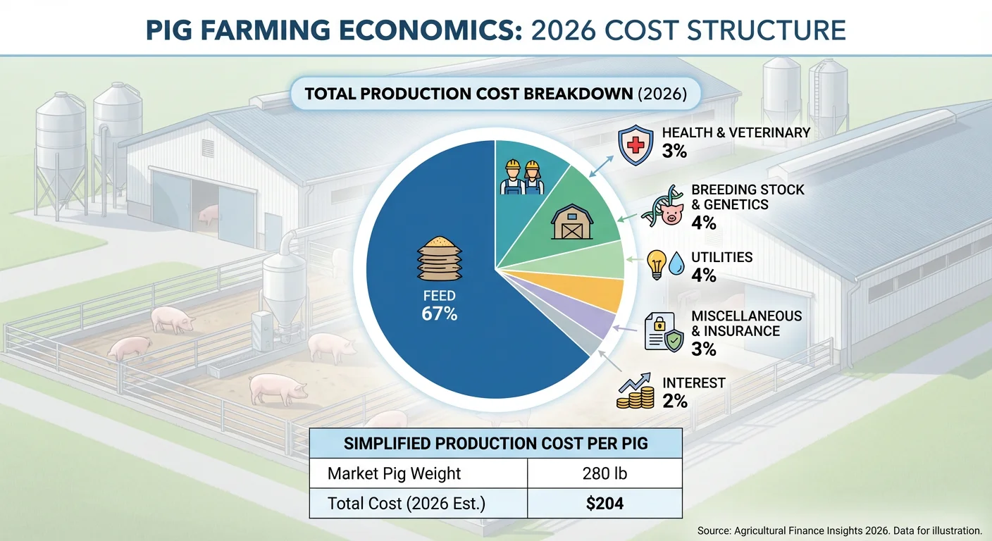 Cost structure in pig farming economics showing feed costs 67%, labor 9%, housing 8%, health 3%, breeding 4%, utilities 4%, miscellaneous 3%, and interest 2% for a 280-pound market pig in 2026.