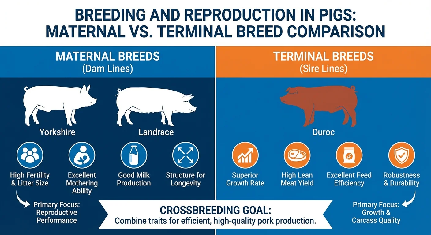 Comparison chart showing maternal and terminal pig breed characteristics using Yorkshire, Landrace, and Duroc silhouettes