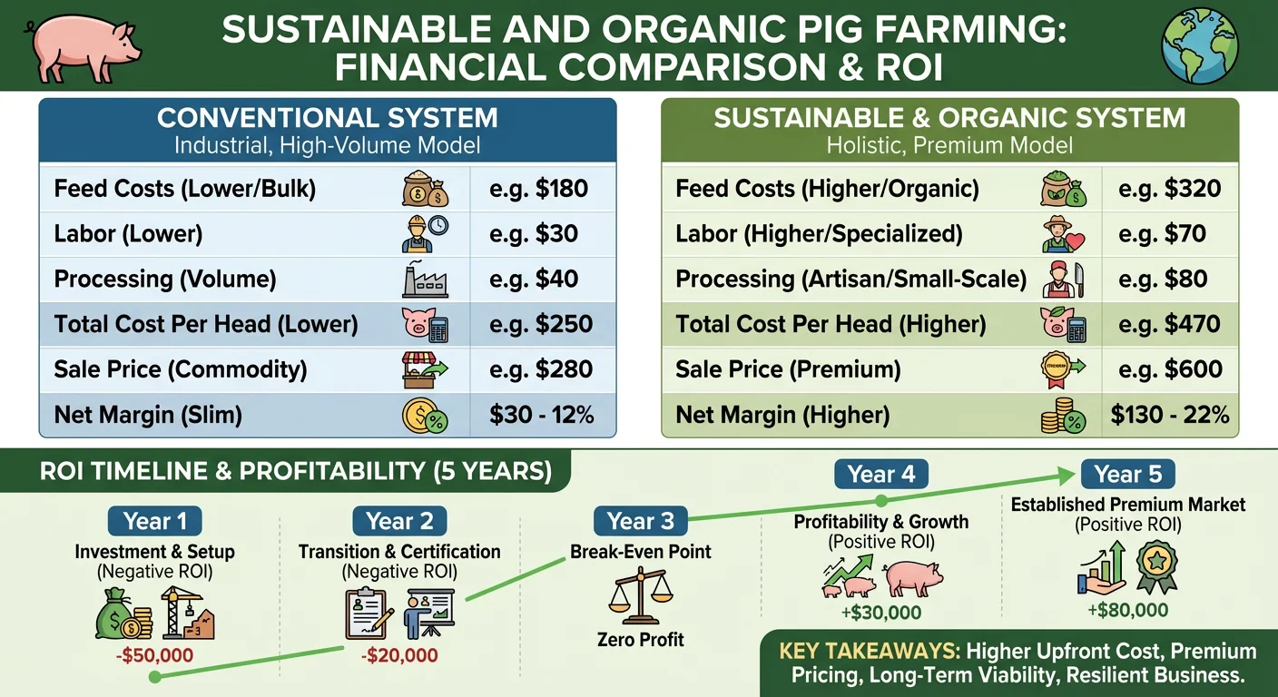 Infographic showing cost breakdown, sale price, and ROI for sustainable and organic pig farming