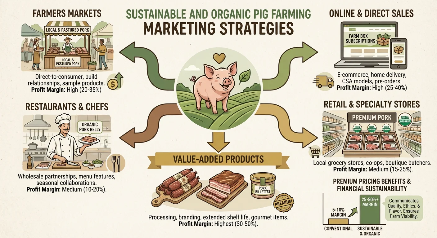 Infographic illustrating marketing channels, premium pricing, and product strategies for sustainable and organic pig farming