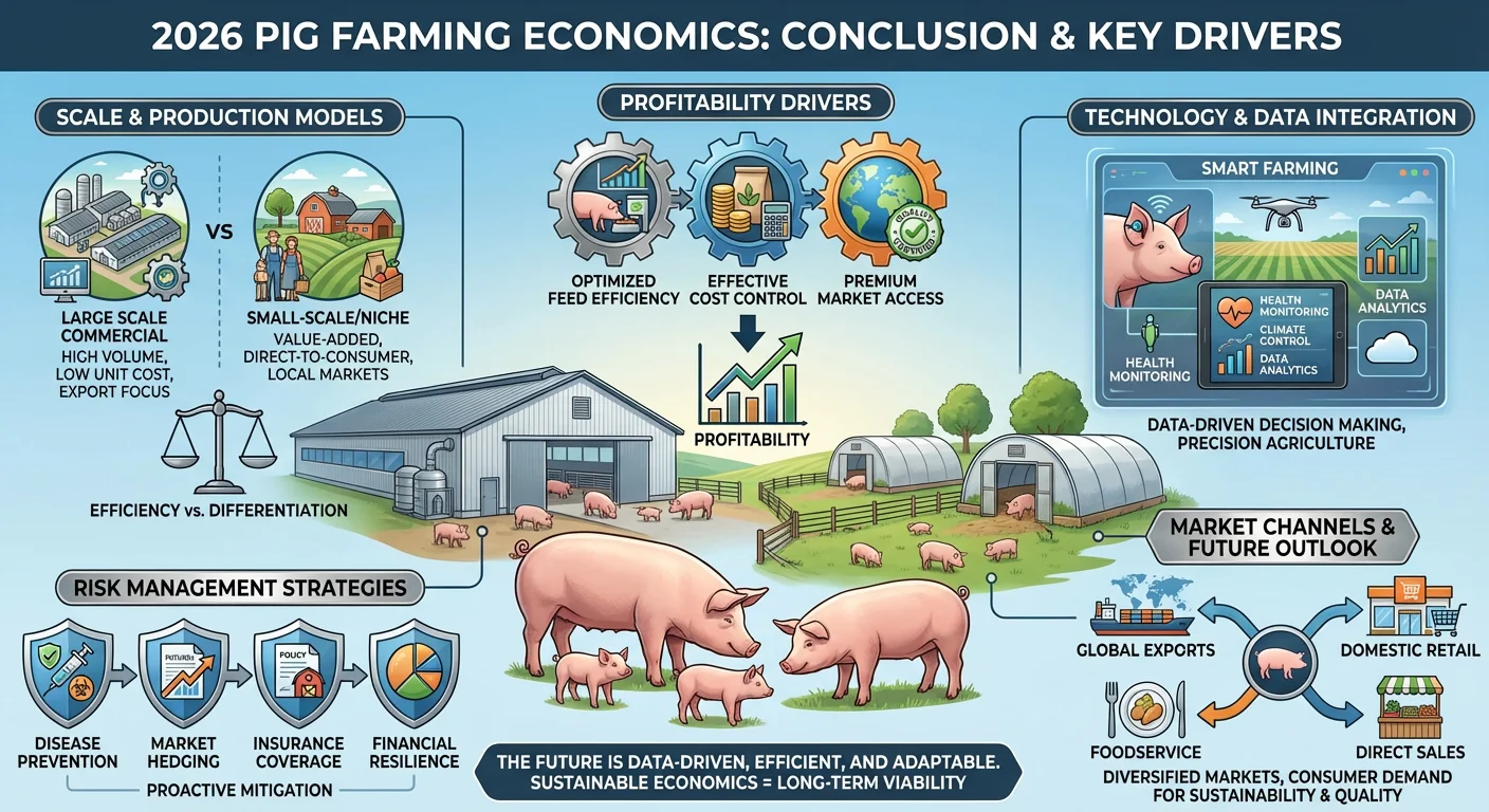 Conclusion of pig farming economics in 2026, showing feed efficiency, cost structures, risk management, technology use, and scale differences for profitability.
