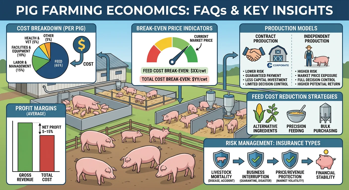 Frequently asked questions in pig farming economics, showing costs, profit margins, break-even, contract vs independent production, feed reduction strategies, and insurance coverage.
