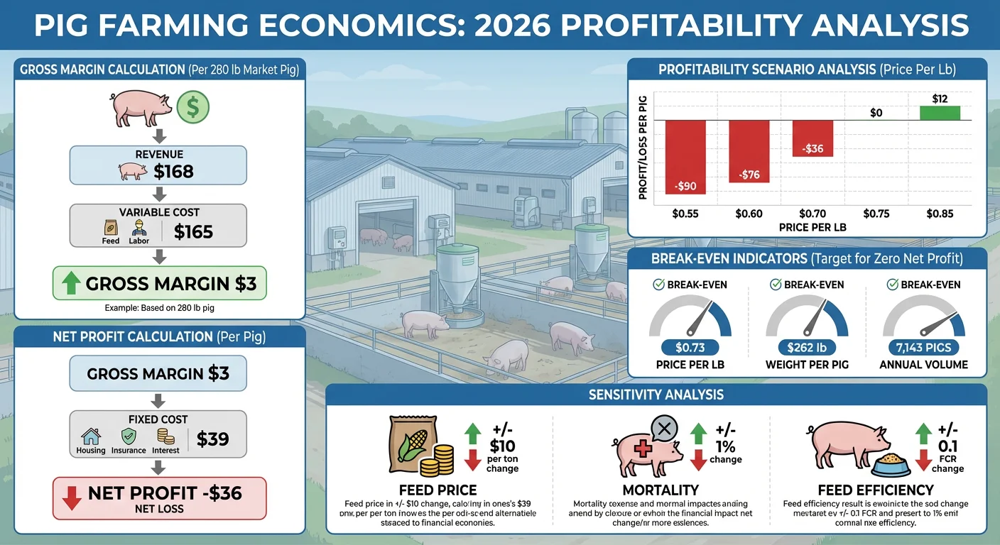 Profitability analysis in pig farming economics showing gross margin, net profit, break-even price, break-even weight, production volume thresholds, and sensitivity to feed price, mortality, and feed efficiency in 2026.
