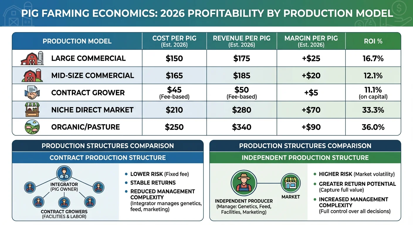 Profitability by production model in pig farming economics comparing commercial, contract, niche, and organic systems with costs, revenue, margins, and ROI for 2026.