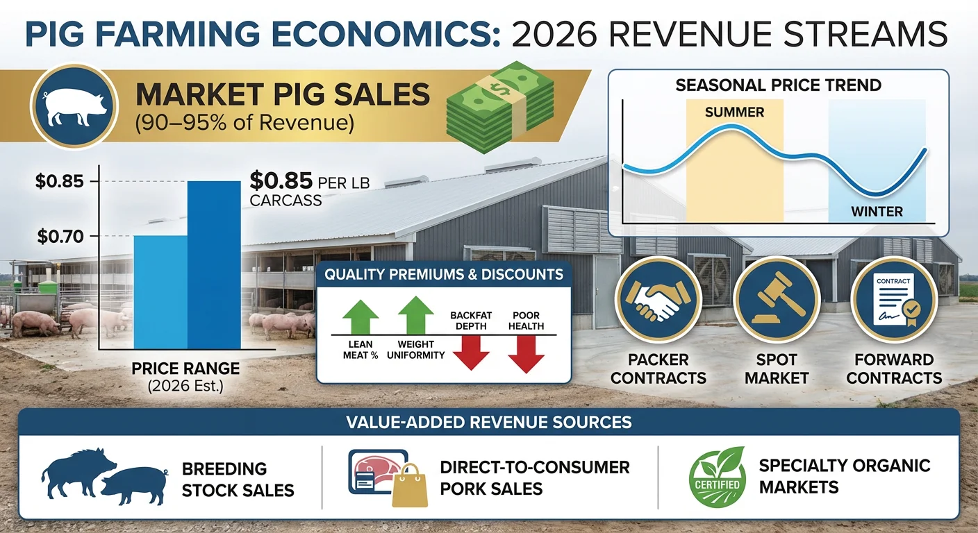 Revenue streams in pig farming economics showing market pig sales, price expectations for 2026, quality premiums, marketing channels, and value-added opportunities including breeding stock, direct pork sales, and specialty markets.