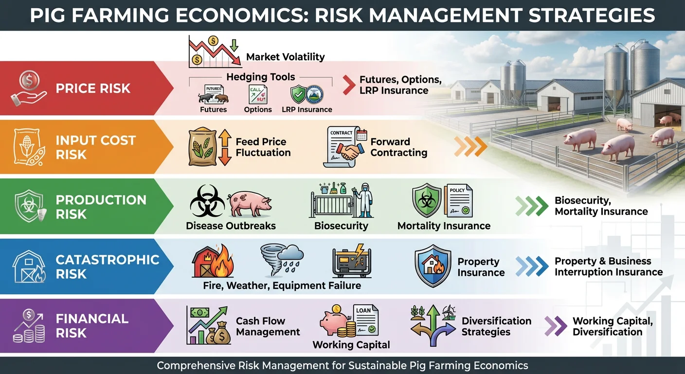 Risk management in pig farming economics showing price risk, feed cost volatility, production risk, catastrophic events, financial risk, and diversification strategies.