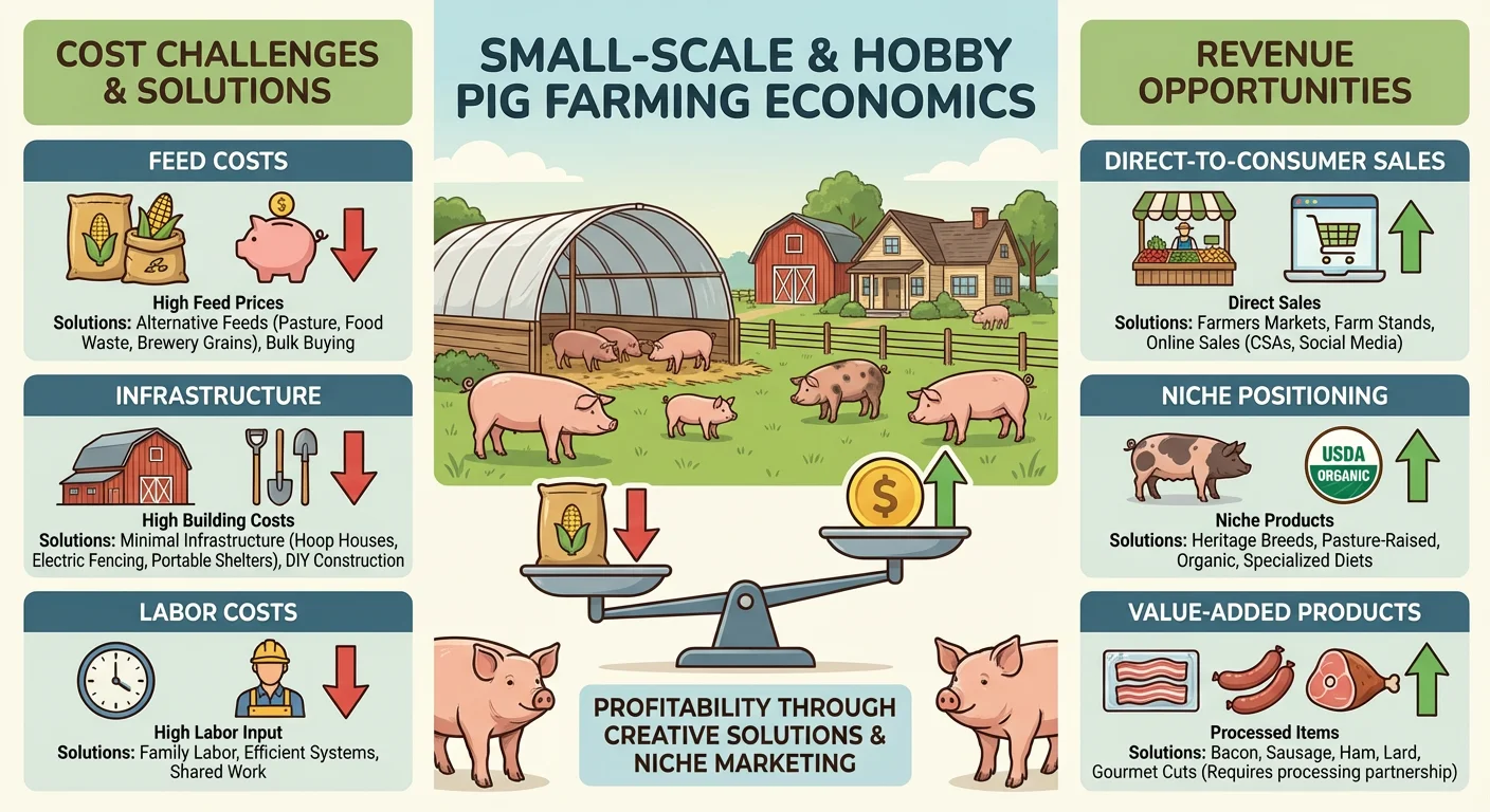 Small-scale and hobby pig farming economics, showing cost challenges, alternative feeds, and revenue opportunities including direct sales and value-added products.
