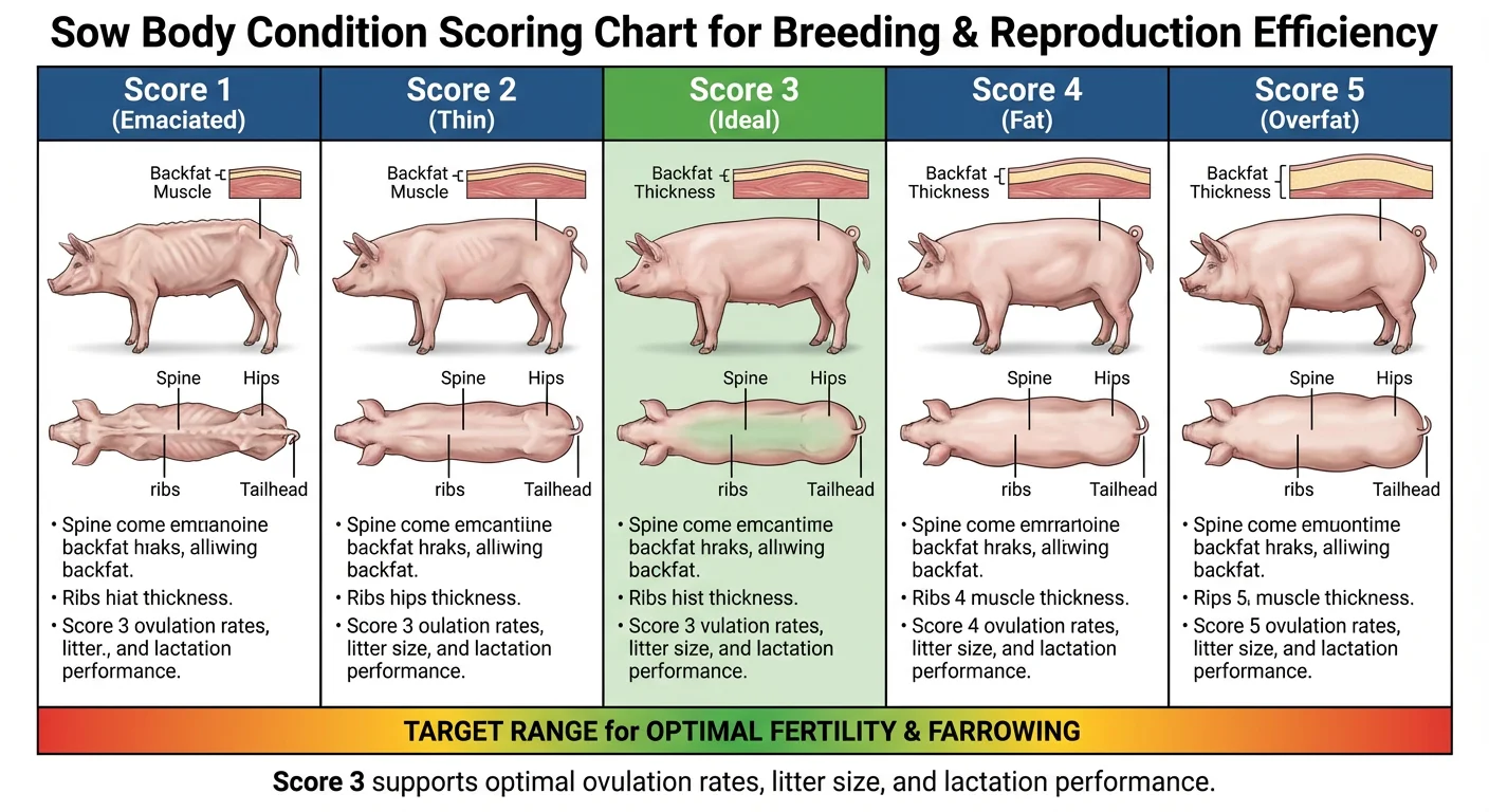 Body condition scoring chart for sows showing visual examples of scores 1 to 5 and ideal condition ranges for breeding and farrowing