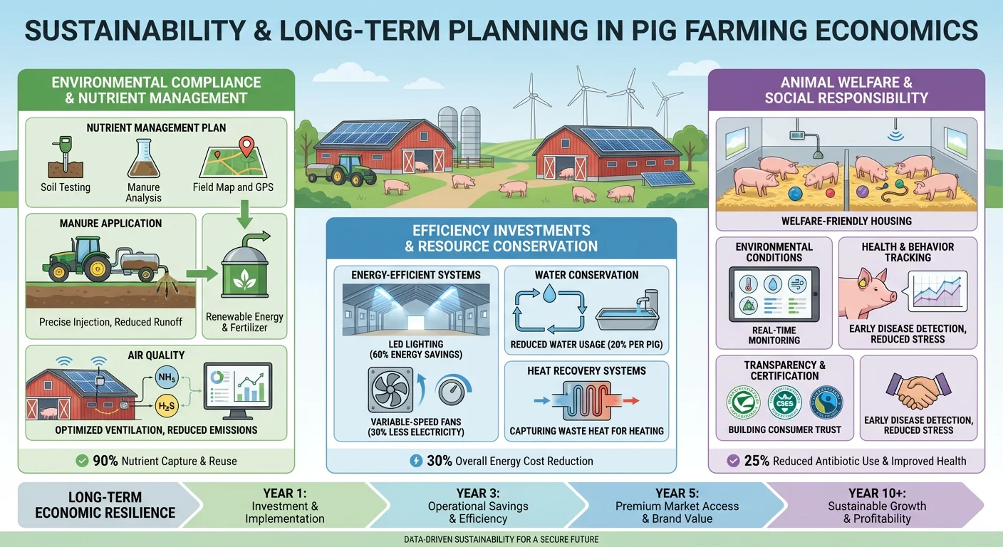 Sustainability and long-term planning in pig farming economics, highlighting environmental compliance, efficiency investments, and animal welfare.