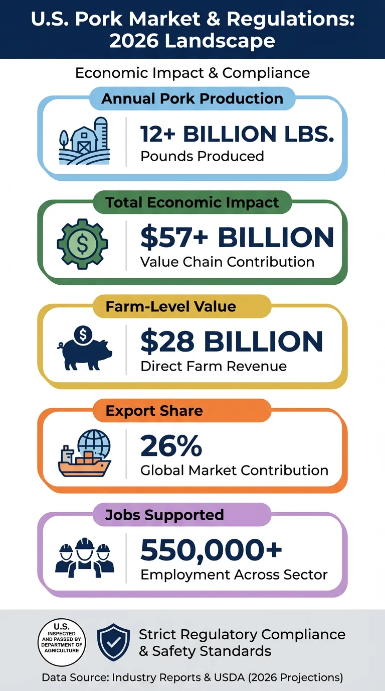U.S. pork market overview showing production volume, export share, economic impact, and key industry statistics for 2026