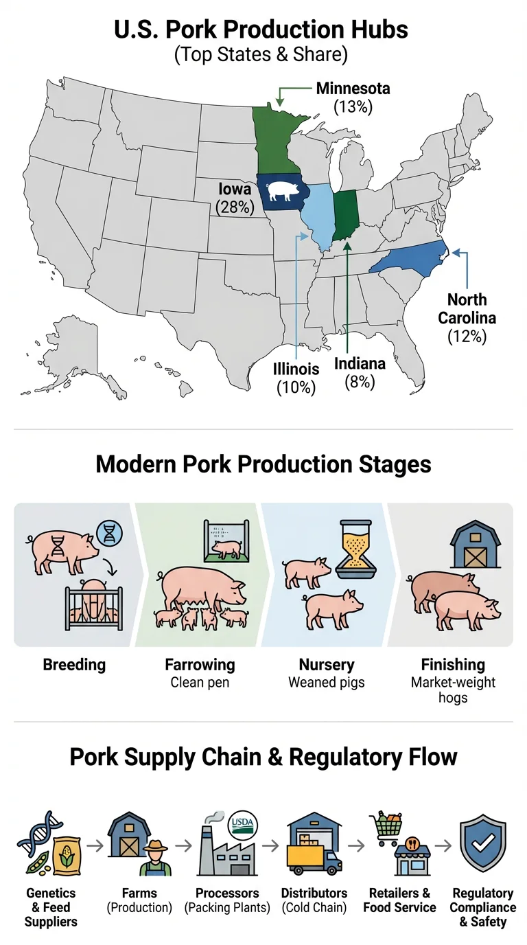 U.S. pork production landscape showing major producing states, modern farm systems, and pork supply chain flow