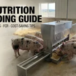 The pig nutrition and feeding guide featured image showing pigs eating from a feeder with water lines, plus overlay text “Pig Nutrition & Feeding Guide – USA 2026, Stages, FCR, Cost-Saving Tips”