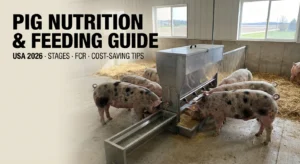The pig nutrition and feeding guide featured image showing pigs eating from a feeder with water lines, plus overlay text “Pig Nutrition & Feeding Guide – USA 2026, Stages, FCR, Cost-Saving Tips”