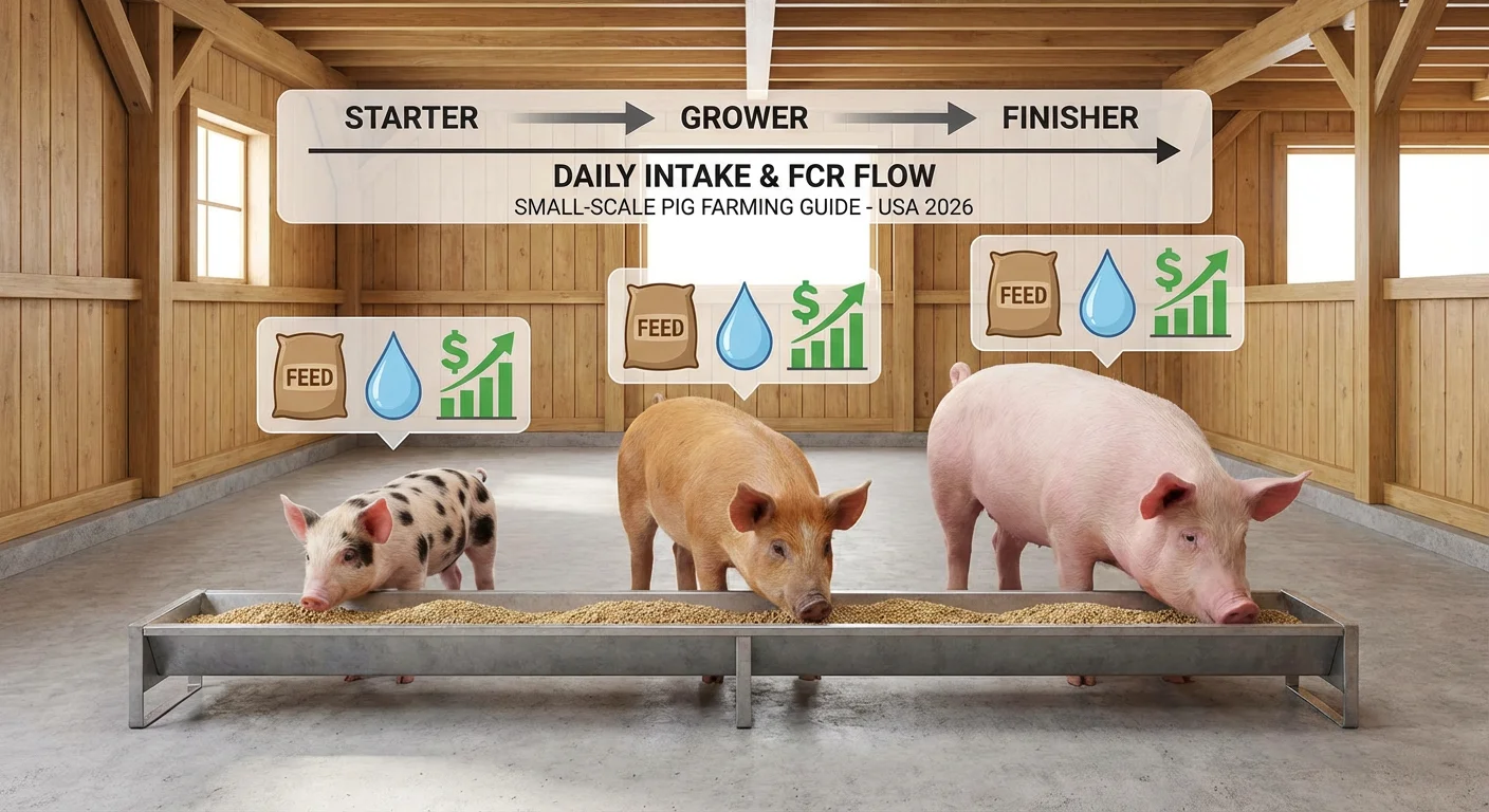 Three pigs at different growth stages eating from a feeder on a small farm, with subtle icons for feed, water, and cost, illustrating pig nutrition stages and feed conversion ratio in the USA in 2026