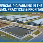 Aerial view of a modern commercial pig farm in the USA, with long barns, feed bins, and a bold title banner reading “Commercial Pig Farming in the USA – Systems, Practices & Profitability