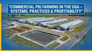 Aerial view of a modern commercial pig farm in the USA, with long barns, feed bins, and a bold title banner reading “Commercial Pig Farming in the USA – Systems, Practices & Profitability