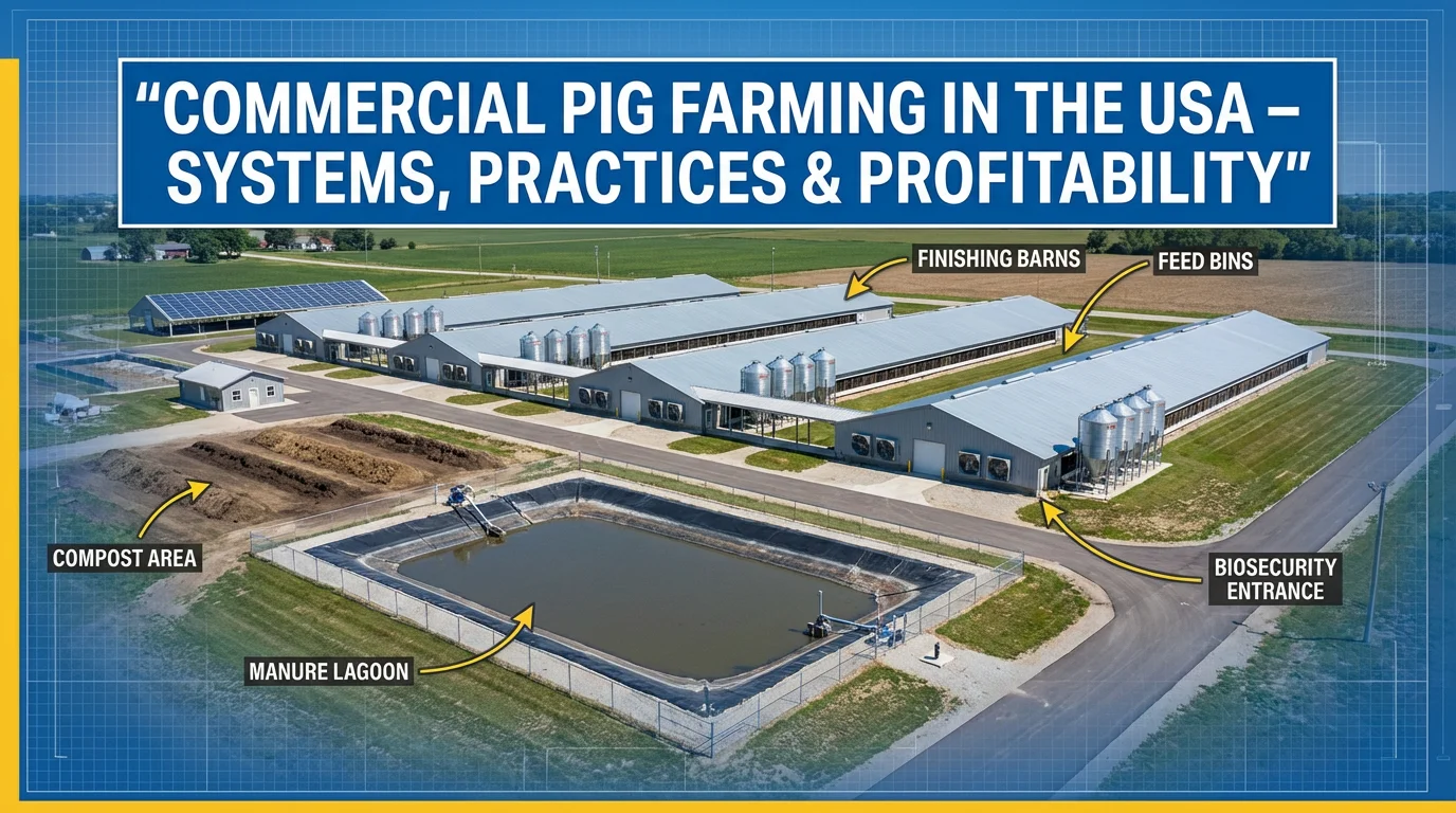 Aerial view of a modern commercial pig farm in the USA, with long barns, feed bins, and a bold title banner reading “Commercial Pig Farming in the USA – Systems, Practices & Profitability