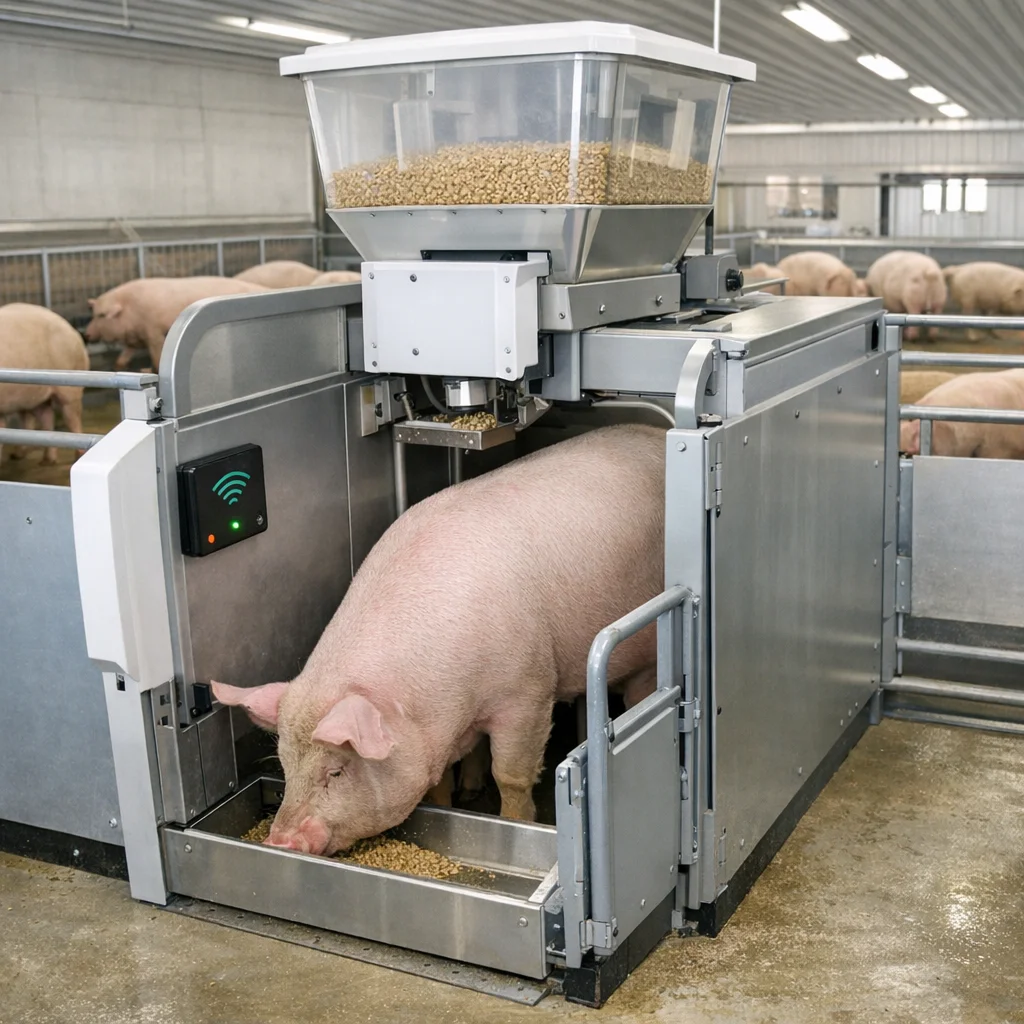  Electronic Sow Feeding station showing RFID-tagged sow receiving individualized feed ration in group housing