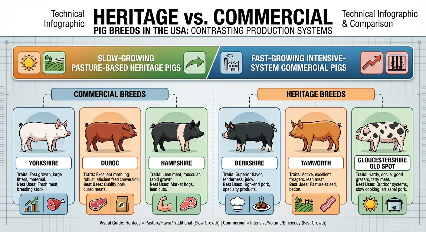 The article discusses the heritage and commercial pig breeds in the USA (2026), providing side-by-side illustrations of traditional pasture-raised pigs and modern high-growth commercial lines with clear breed labels.