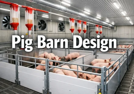Modern pig barn design showing pen layout, slatted flooring, ventilation inlets, and automated feeding system