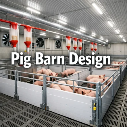 Modern pig barn design showing pen layout, slatted flooring, ventilation inlets, and automated feeding system
