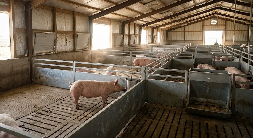 Pig barn flooring and pen design inside a small U.S. farm