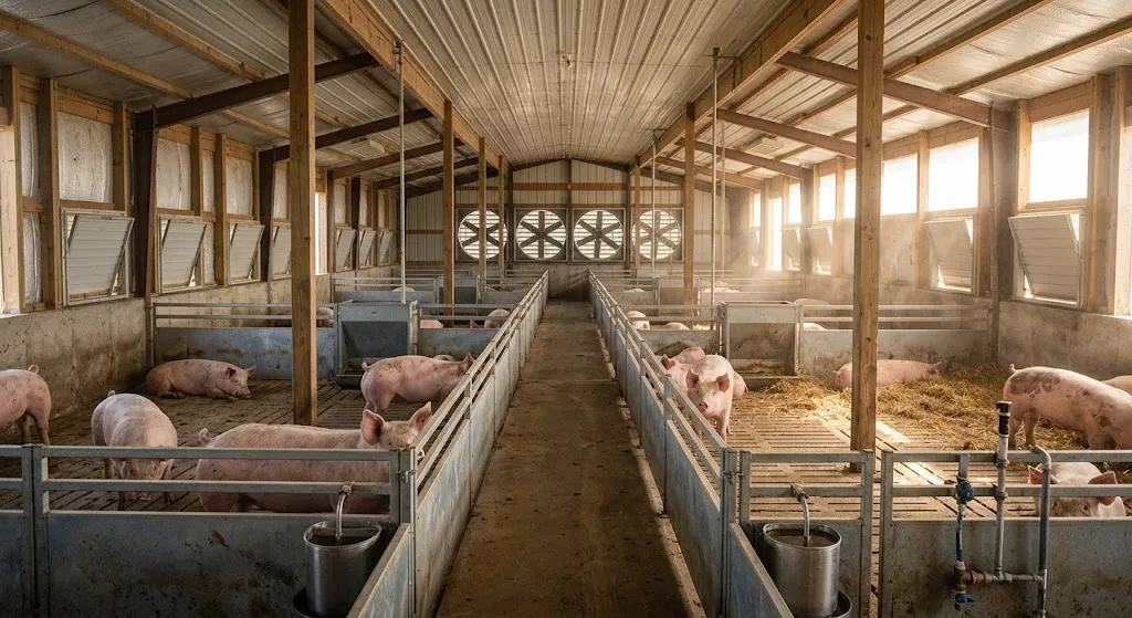 Pig barn ventilation system with fans and air inlets on a small farm