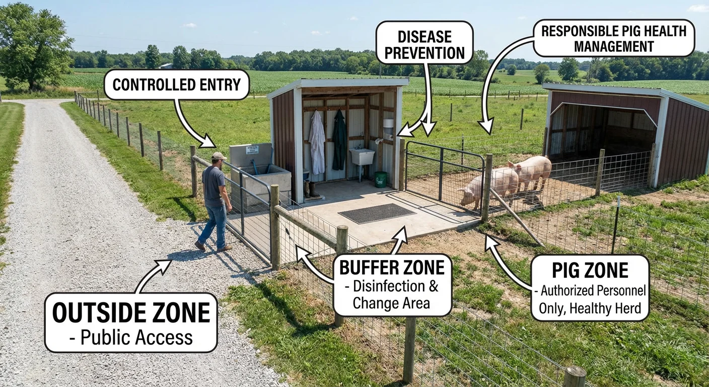 Pig biosecurity zones on a small-scale U.S. farm showing outside zone, buffer zone, and pig zone with controlled entry.