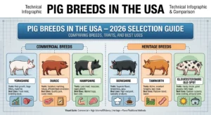 Technical illustration of popular pig breeds in the USA, showing labeled commercial and heritage pigs (Yorkshire, Landrace, Duroc, Hampshire, Berkshire, Tamworth, Gloucestershire Old Spot) with a bold title banner that reads “Pig Breeds in the USA – 2026 Selection Guide”.