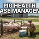 Pig Health and Disease Management on a U.S. small-scale farm, illustrating vaccination, biosecurity zones, quarantine fencing, and daily health monitoring.