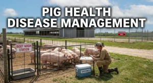 Pig Health and Disease Management on a U.S. small-scale farm, illustrating vaccination, biosecurity zones, quarantine fencing, and daily health monitoring.