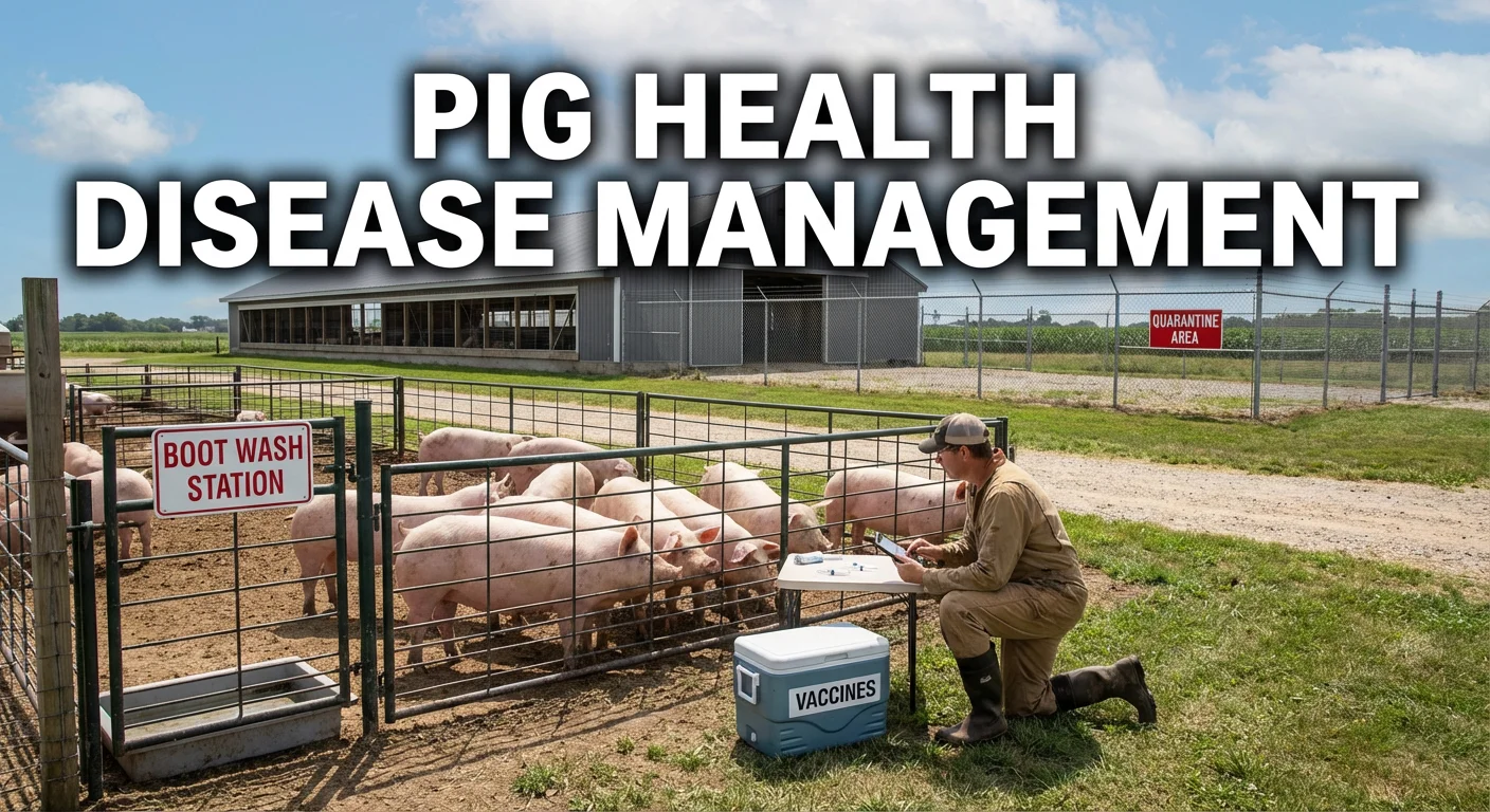 Pig Health and Disease Management on a U.S. small-scale farm, illustrating vaccination, biosecurity zones, quarantine fencing, and daily health monitoring.