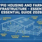 A technical illustration of pig housing and farm infrastructure shows a small USA pig barn floor plan with pens, ventilation fans, a manure area, and outdoor runs labelled "Pig Housing and Farm Infrastructure."
