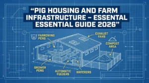A technical illustration of pig housing and farm infrastructure shows a small USA pig barn floor plan with pens, ventilation fans, a manure area, and outdoor runs labelled "Pig Housing and Farm Infrastructure."