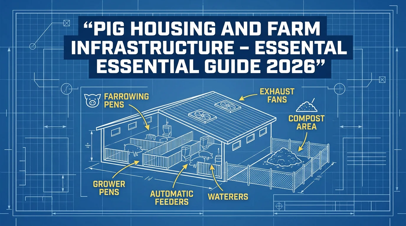 A technical illustration of pig housing and farm infrastructure shows a small USA pig barn floor plan with pens, ventilation fans, a manure area, and outdoor runs labelled "Pig Housing and Farm Infrastructure."