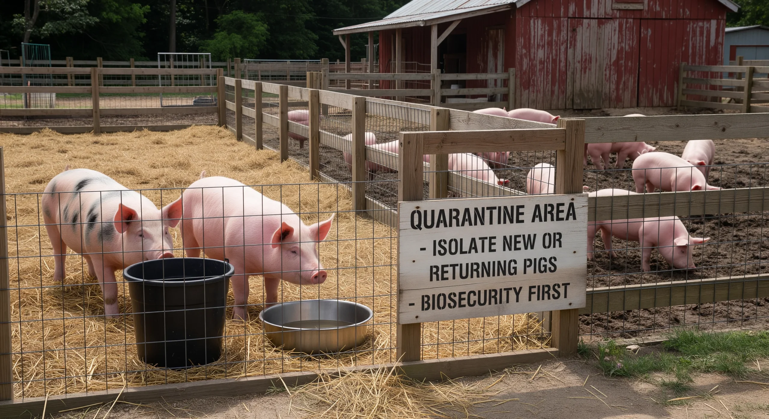 Pig quarantine area on a small-scale farm showing isolated housing for new pigs and disease prevention measures.