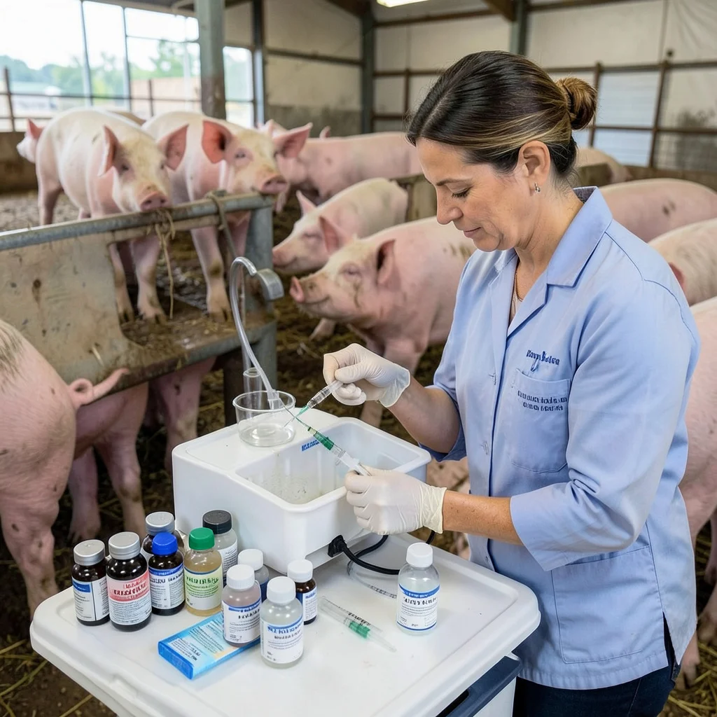 Pig vaccination protocols on a U.S. farm showing proper vaccine handling, syringes, and disease prevention practices.