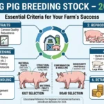 Technical illustration showing the process of selecting pig breeding stock, highlighting key criteria like genetics, health, breed choice, and ROI for pig farms.